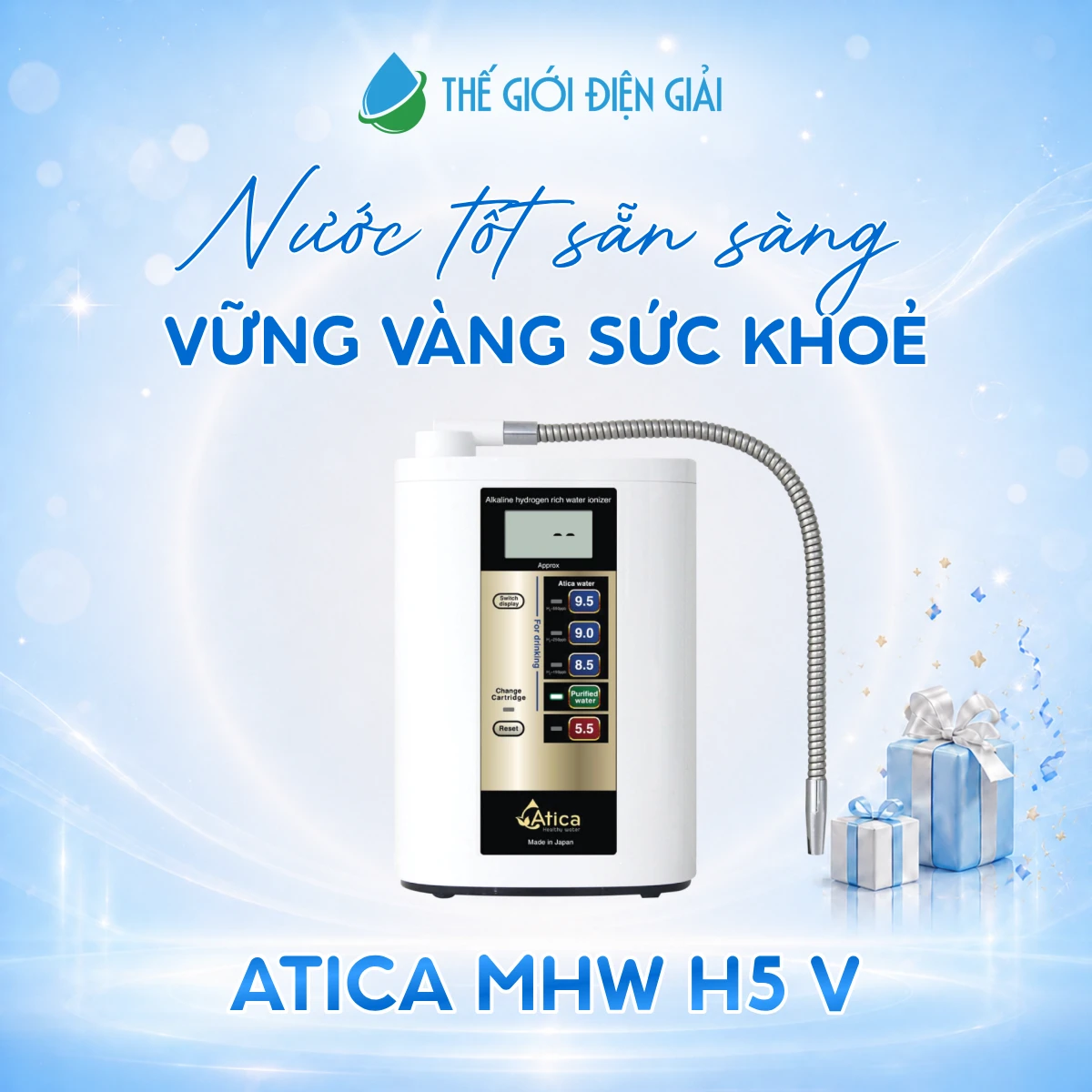 Máy lọc nước điện giải iON kiềm Atica MHW-H5(V) chính hãng Nhật Bản bảo hành 5 năm